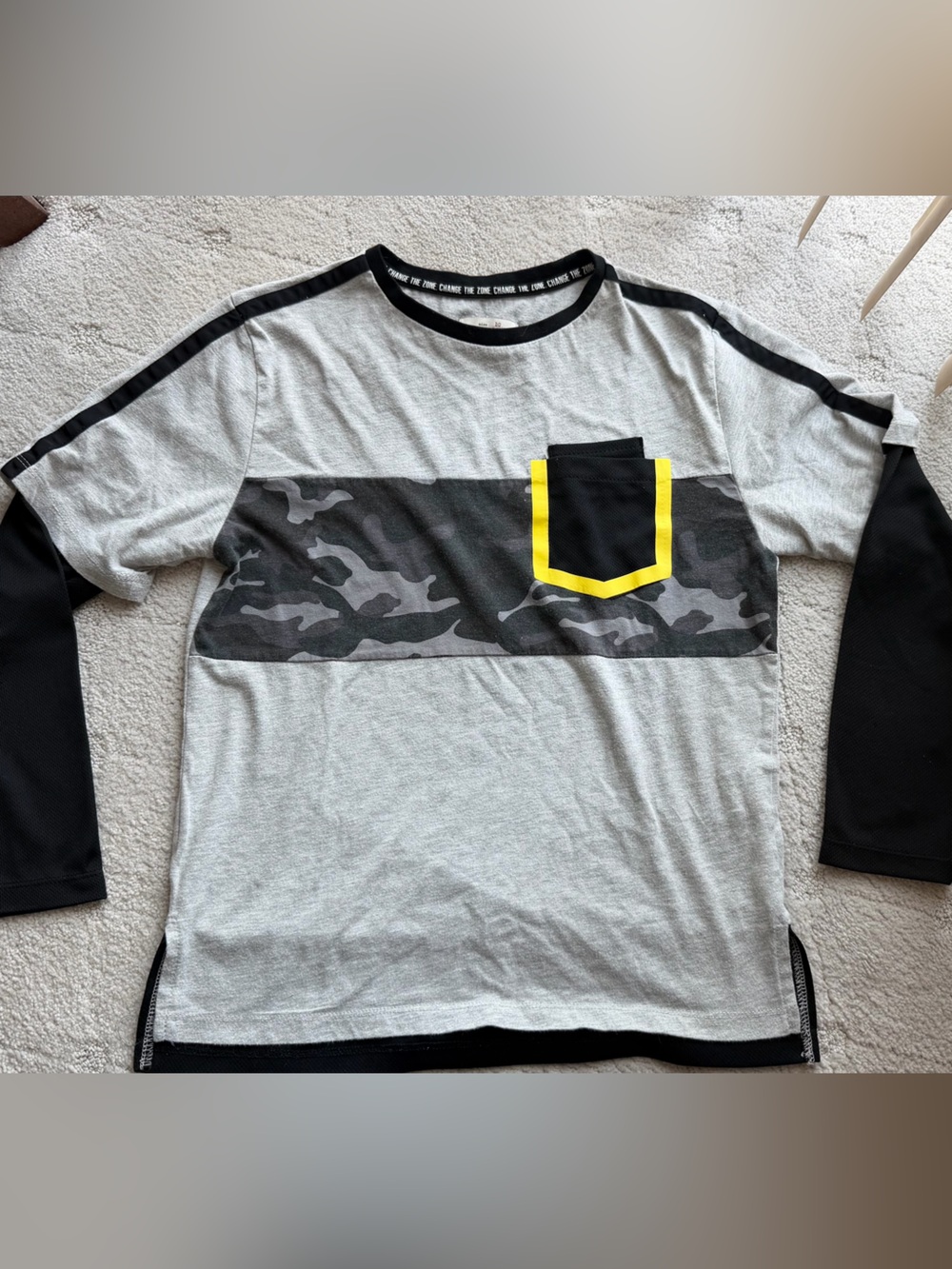 Zara boys Grey Long-Sleeve Shirt with Camo Panel and Yellow-Trim Pocket sz 10